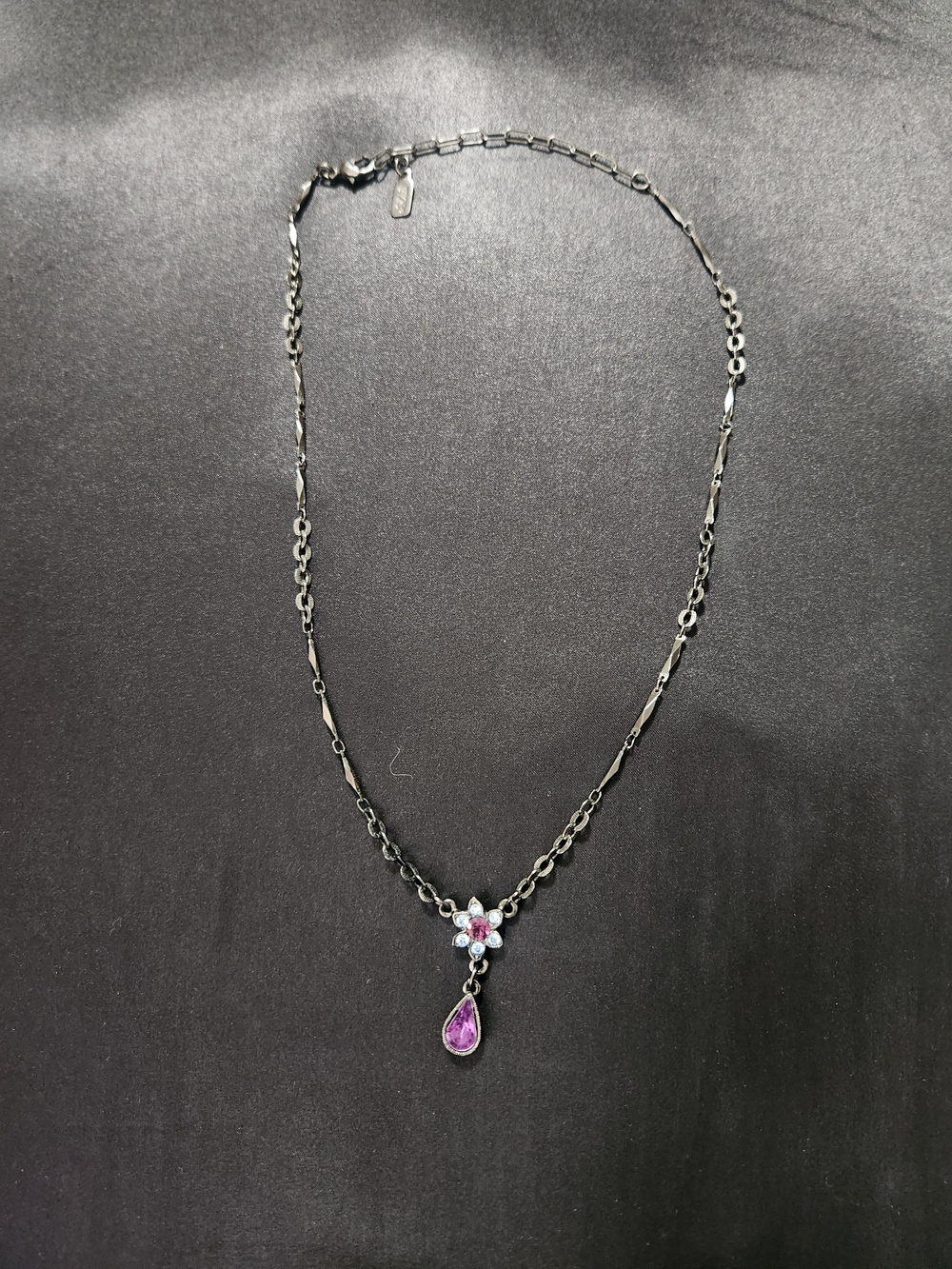 1928 Gunmetal Necklace with Pink Teardrop and Blue Flower Accent Stones